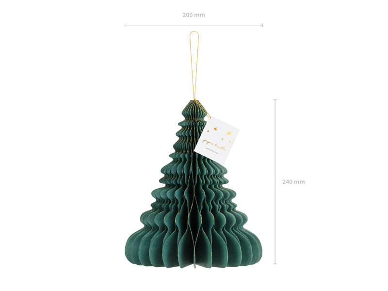 Árvore de Natal decorativa em papel verde com cordão dourado e etiqueta