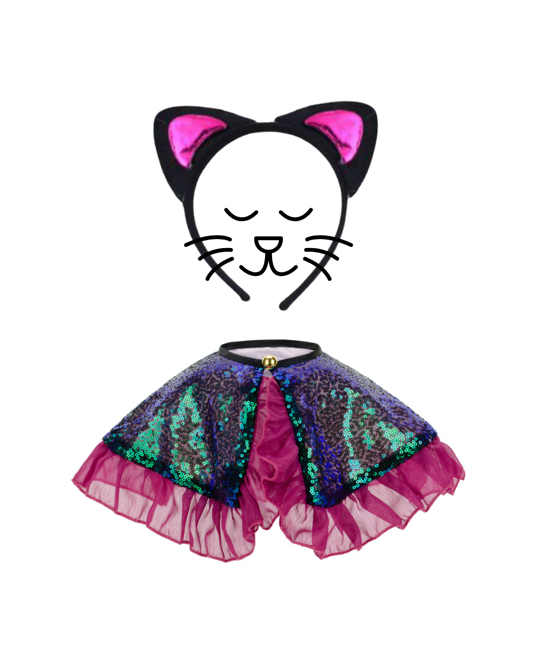 Kit disfarce tiara orelhas gato preta e rosa com capa lantejoulas azul verde e tecido rodado vinho