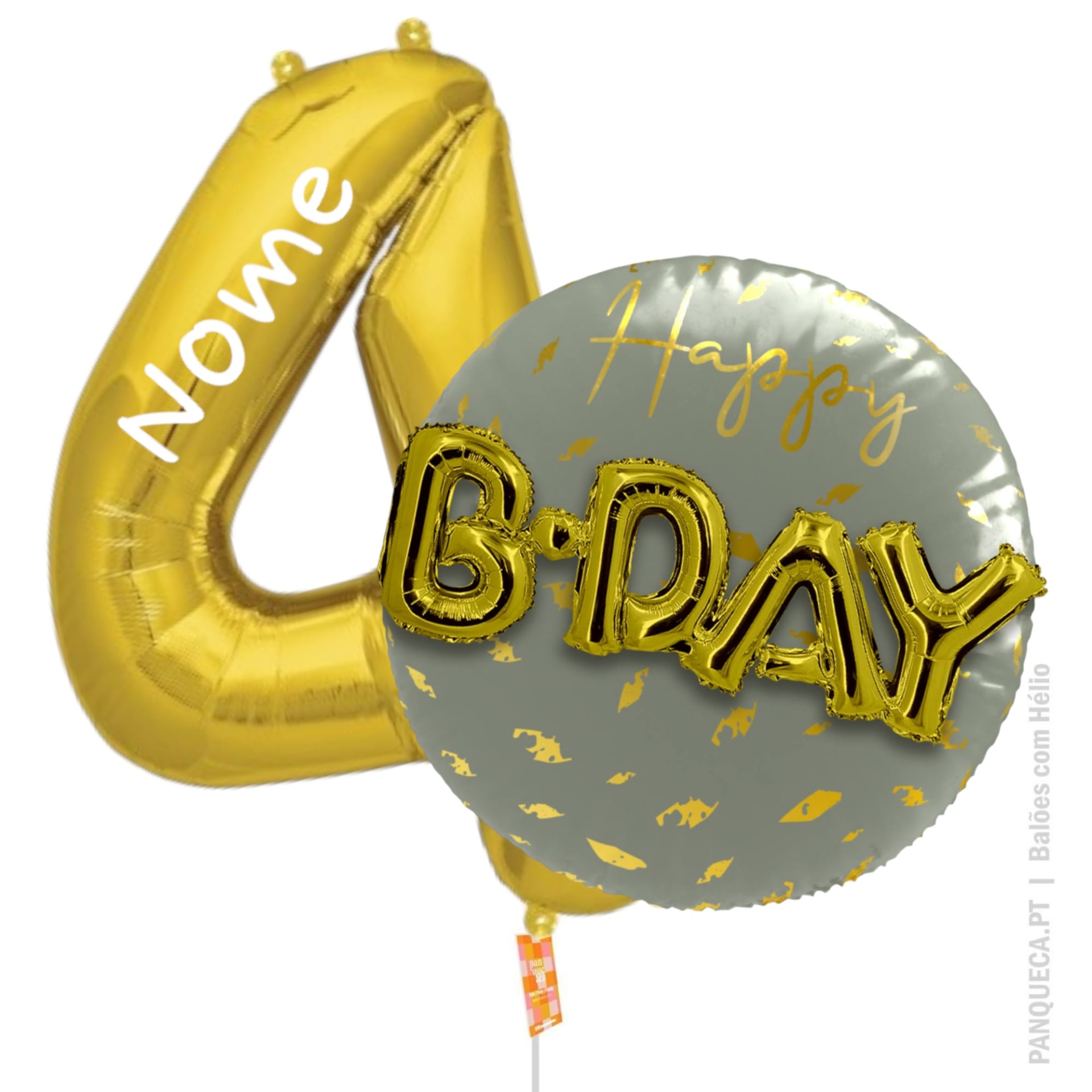 Balões de festa dourado e cinza com texto 