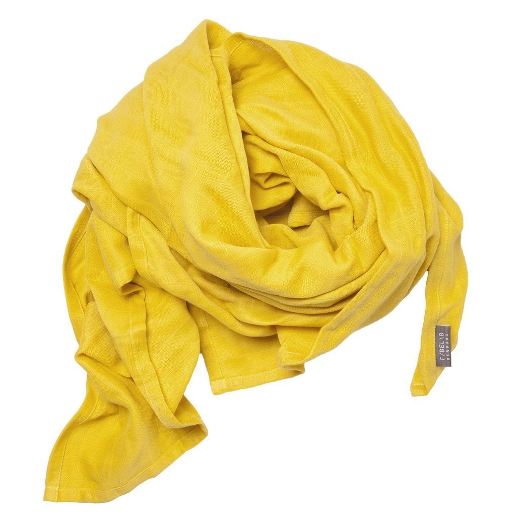 Lenço amarelo de tecido macio com etiqueta cinza