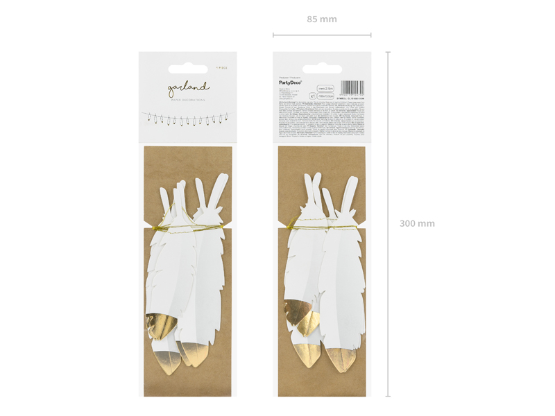 Penas decorativas brancas com pontas douradas em embalagem de cartão castanho com plástico transparente