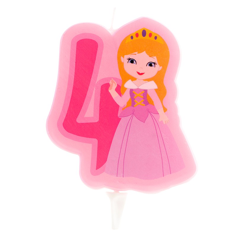 Vela de aniversário número 4 cor-de-rosa com princesa desenhada
