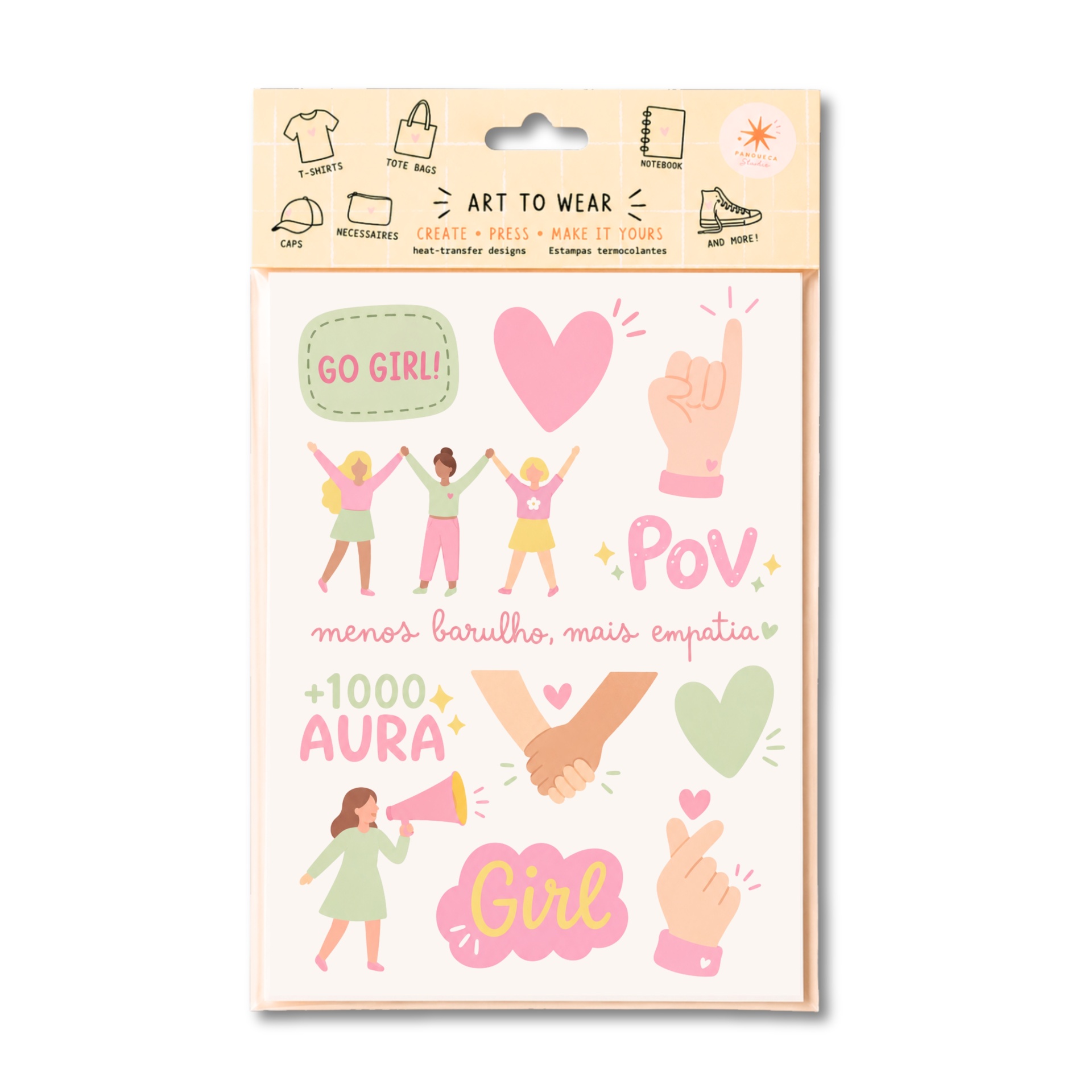 Pacote de estampas termocolantes com ilustrações de mulheres, corações e mãos com textos inspiradores