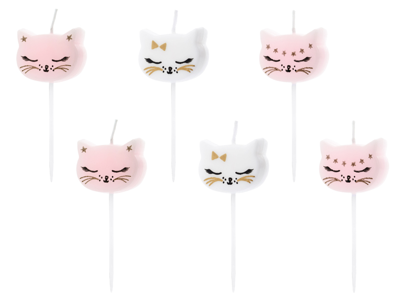 Seis velas decorativas em forma de gato rosa e branco com detalhes dourados e pretos