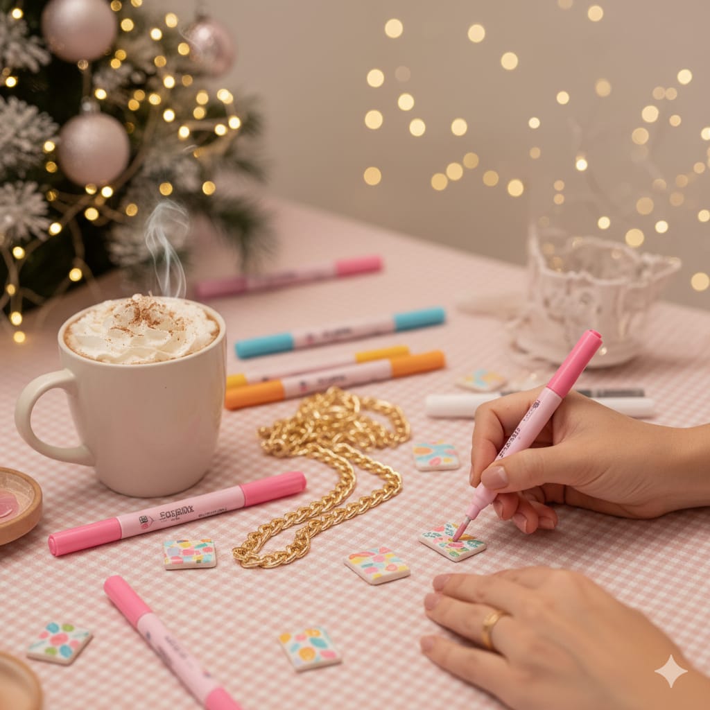 Mesa com caneca branca, marcadores coloridos, peças decorativas quadradas e corrente dourada em ambiente natalício.