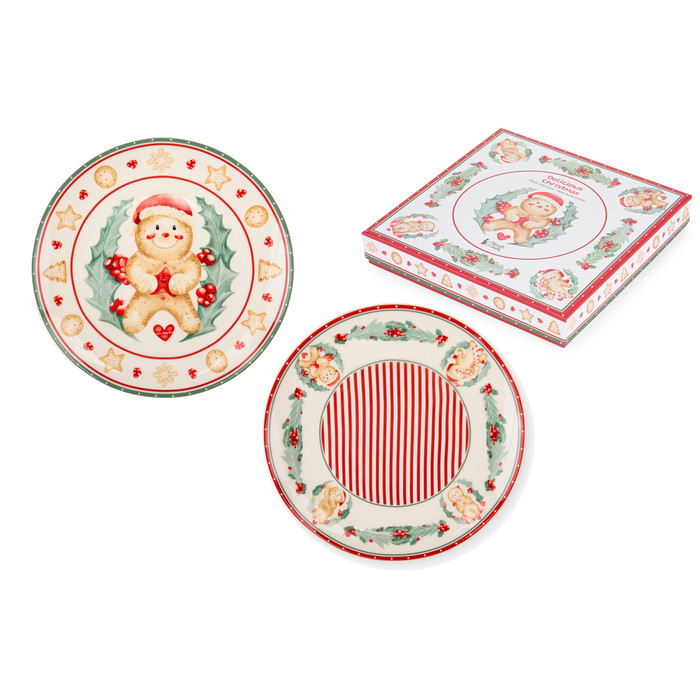 Conjunto de pratos cerâmicos natalícios com boneco de gengibre e caixa decorativa
