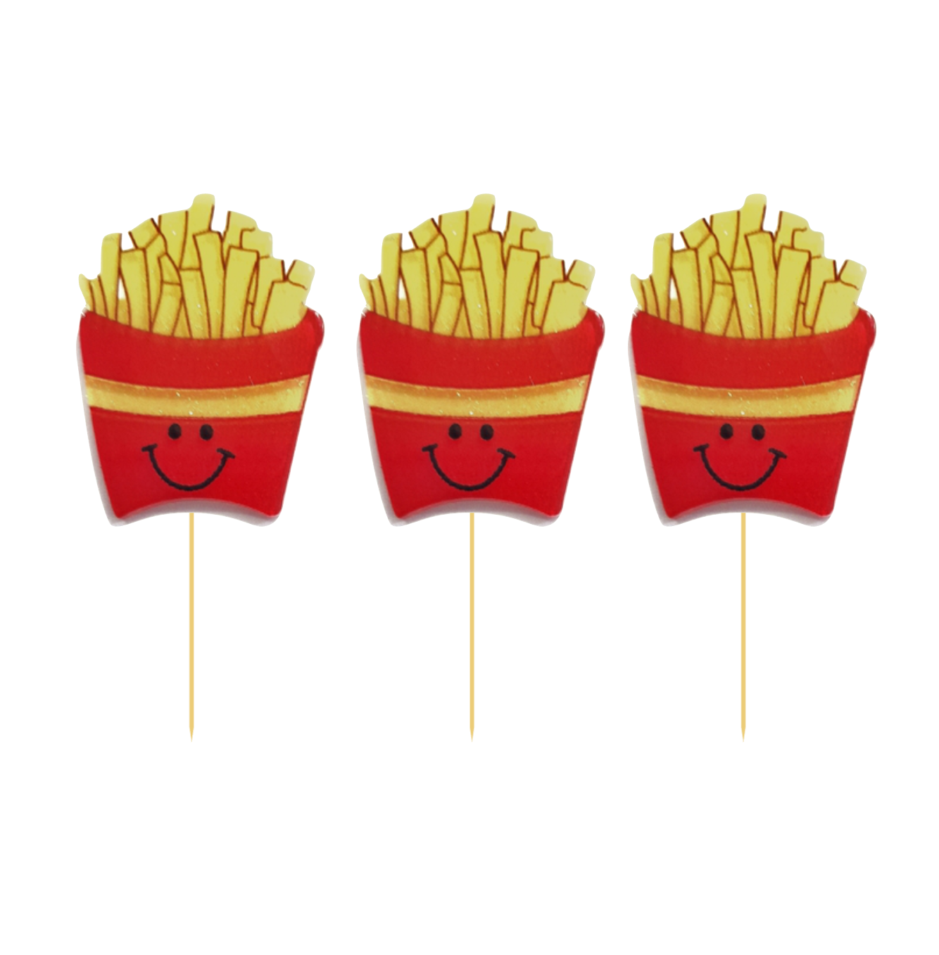 Decorações para bolo em forma de batatas fritas sorridentes com palitos