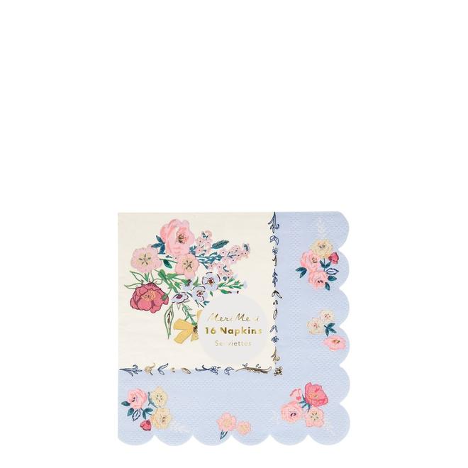 Guardanapos de papel com padrão floral e borda ondulada azul clara