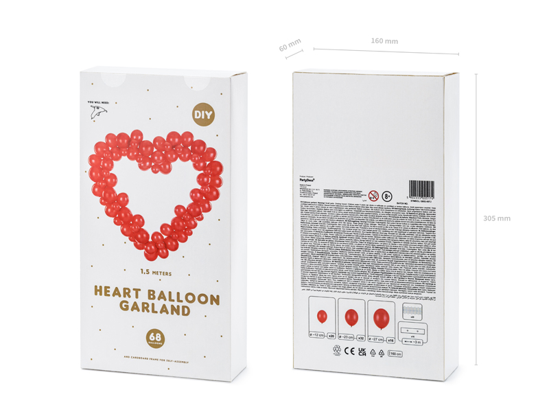 Embalagem para kit de guirlanda de balões em forma de coração, balões vermelhos, texto em inglês, caixa branca retangular