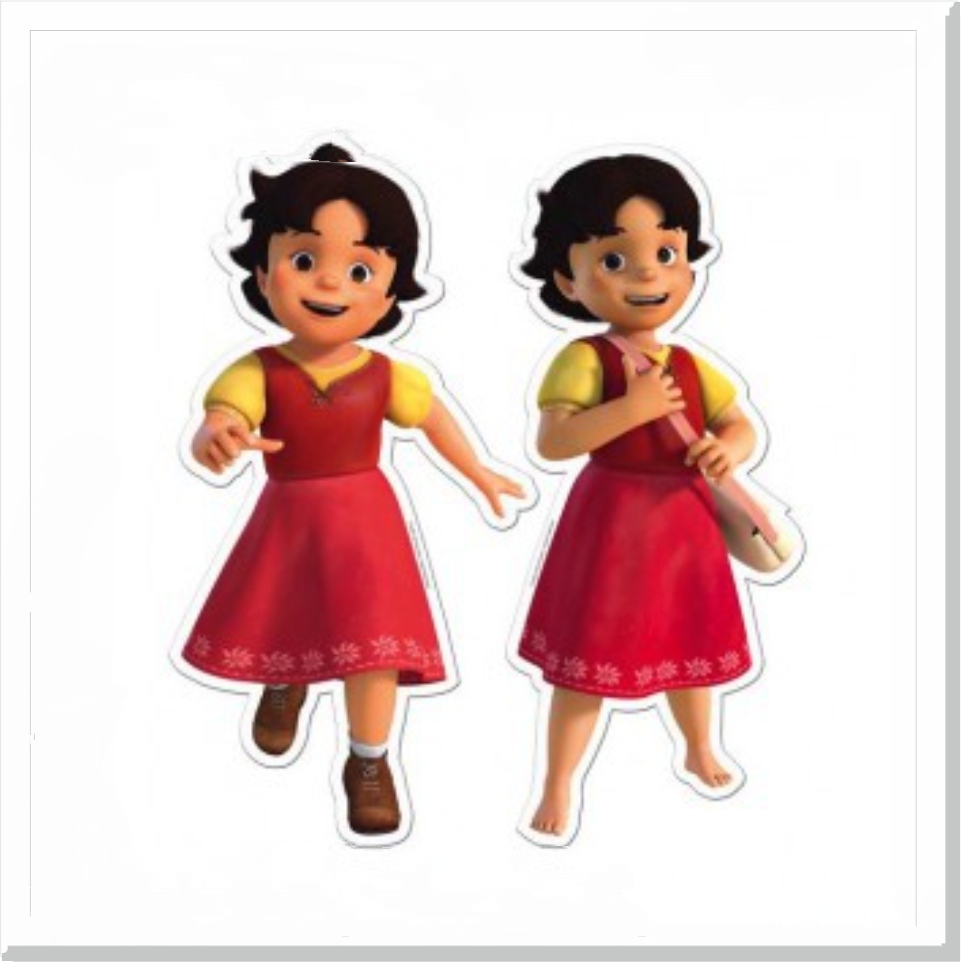 Duas figuras animadas de menina com vestido vermelho e camisa amarela, uma com sapatos castanhos e outra descalça a segurar papel.