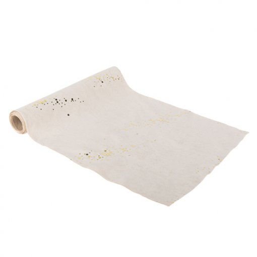 Rolo de tecido decorativo bege claro com padrão dourado e preto