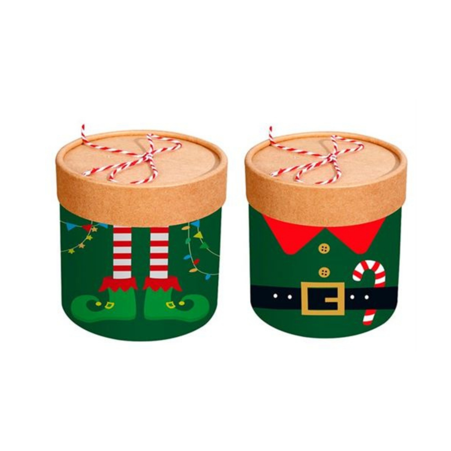 Dois recipientes cilíndricos com decoração natalícia de elfos e tampa de cortiça com cordão vermelho e branco