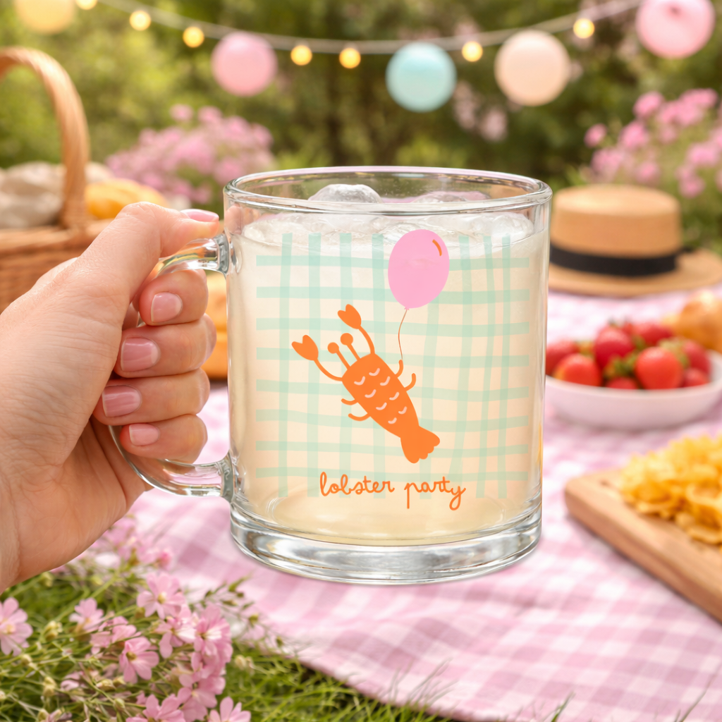 Caneca de vidro com estampa de lagosta e texto lobster party