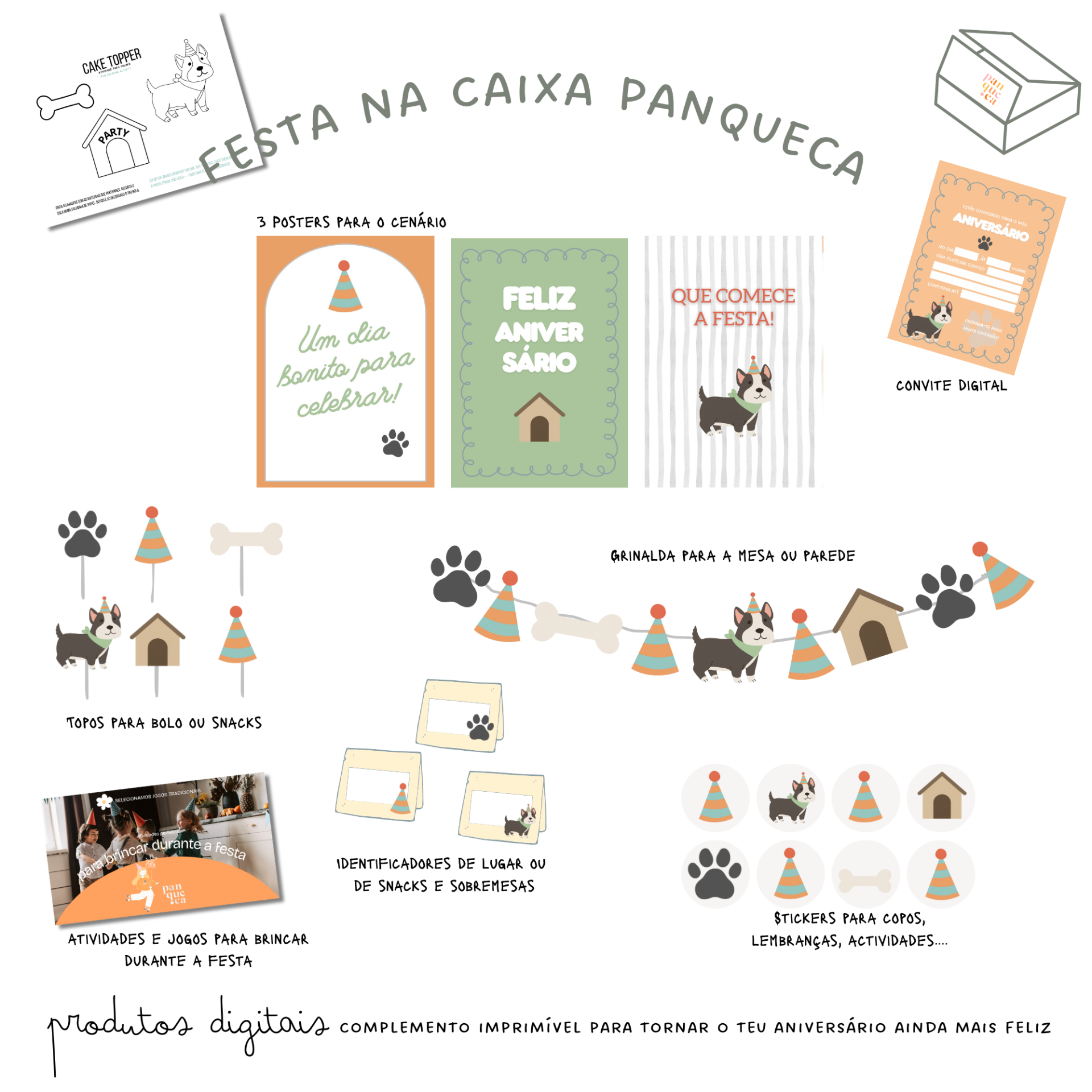 Elementos digitais para festa com tema de cães, letras e ilustrações em cores suaves e detalhes lúdicos.