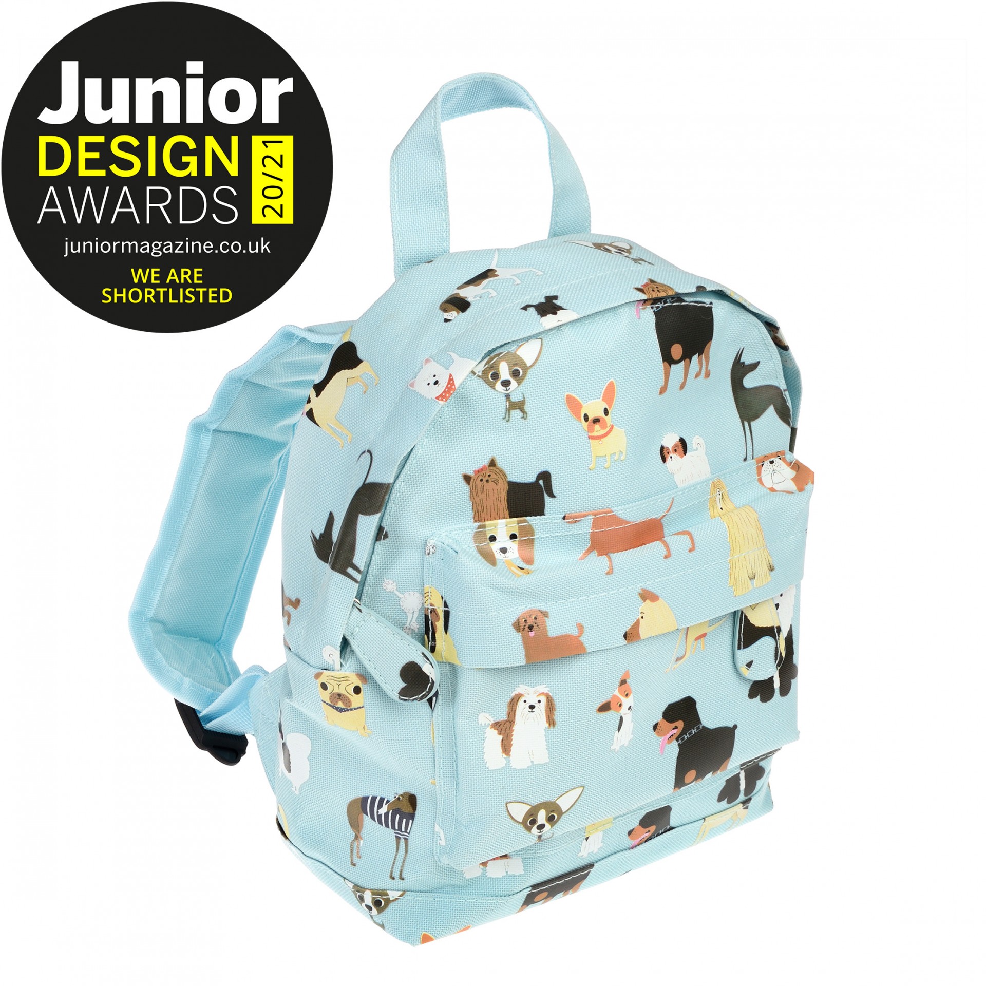 Mochila azul claro com padrão de cães e etiqueta Junior Design Awards