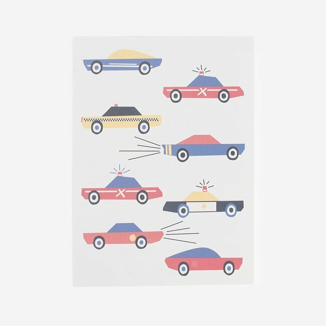 quadro branco com oito ilustrações simples de carros coloridos, incluindo carros de polícia e táxi