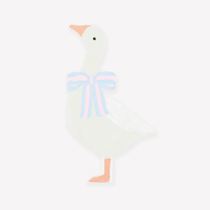 Pelúcia de ganso branco com fita azul e rosa no pescoço