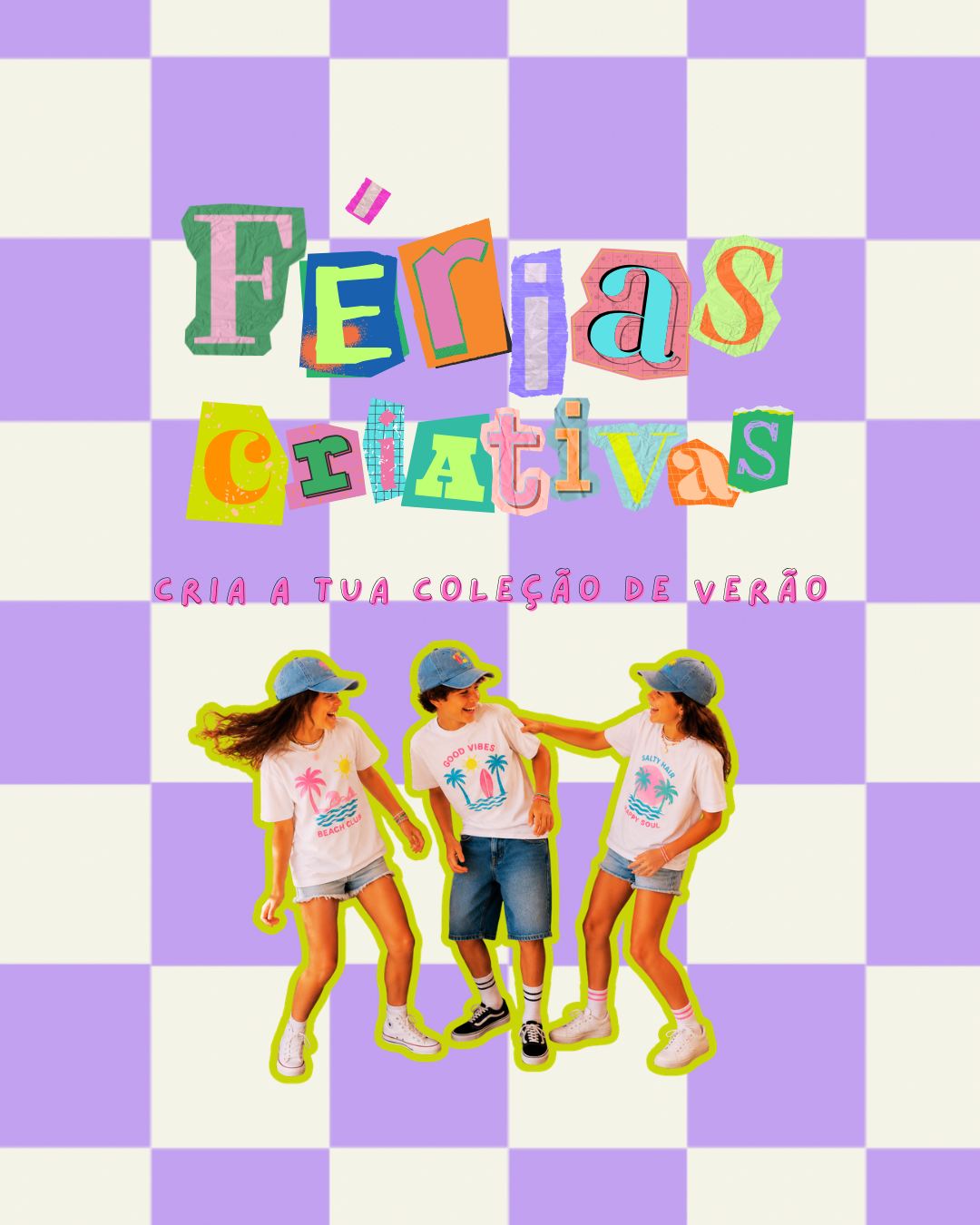 Crianças vestindo moda casual de verão com t-shirts brancas estampadas, calções de ganga e bonés de ganga em fundo xadrez lilás e branco.