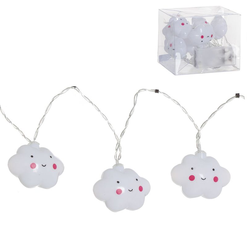 Cordão de luzes com figuras de nuvens brancas sorridentes em caixa transparente