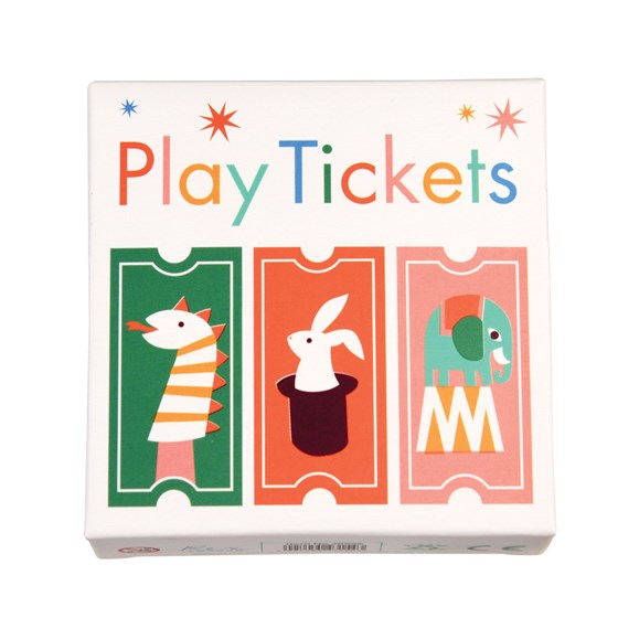 Embalagem branca com texto colorido e desenhos de tickets com animais em estilo minimalista