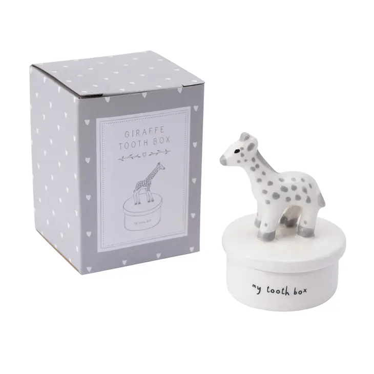 Caixa para dentes de cachorro com figura de girafa em cerâmica e embalagem cinza com corações
