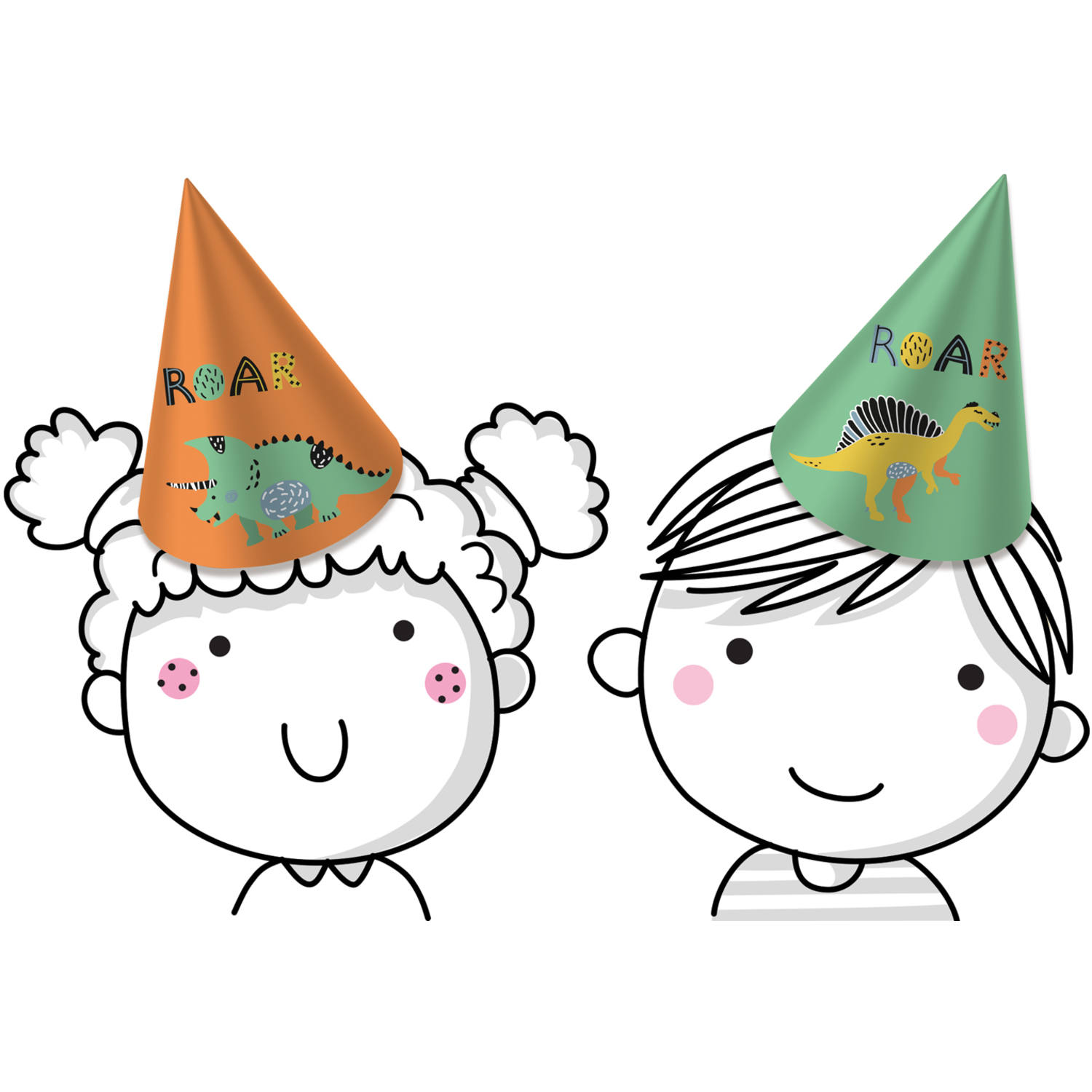 Dois chapéus de festa com dinossauros e a palavra ROAR em ilustrações infantis.