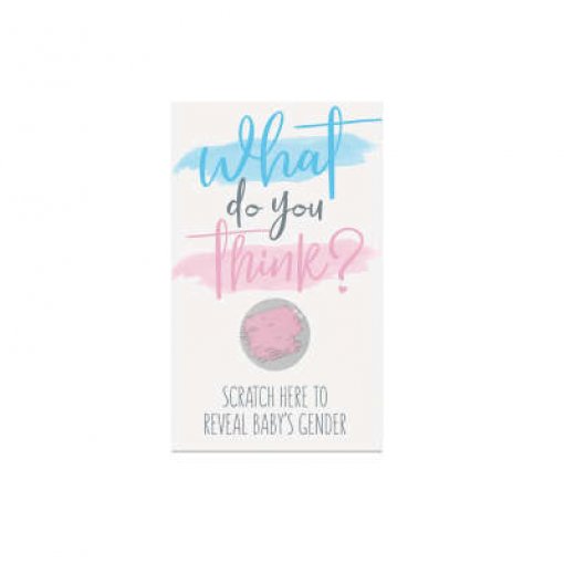Cartão revelação género bebé com texto colorido e área para riscar rosa