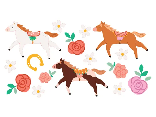 Ilustração de três cavalos estilizados com flores coloridas e uma ferradura