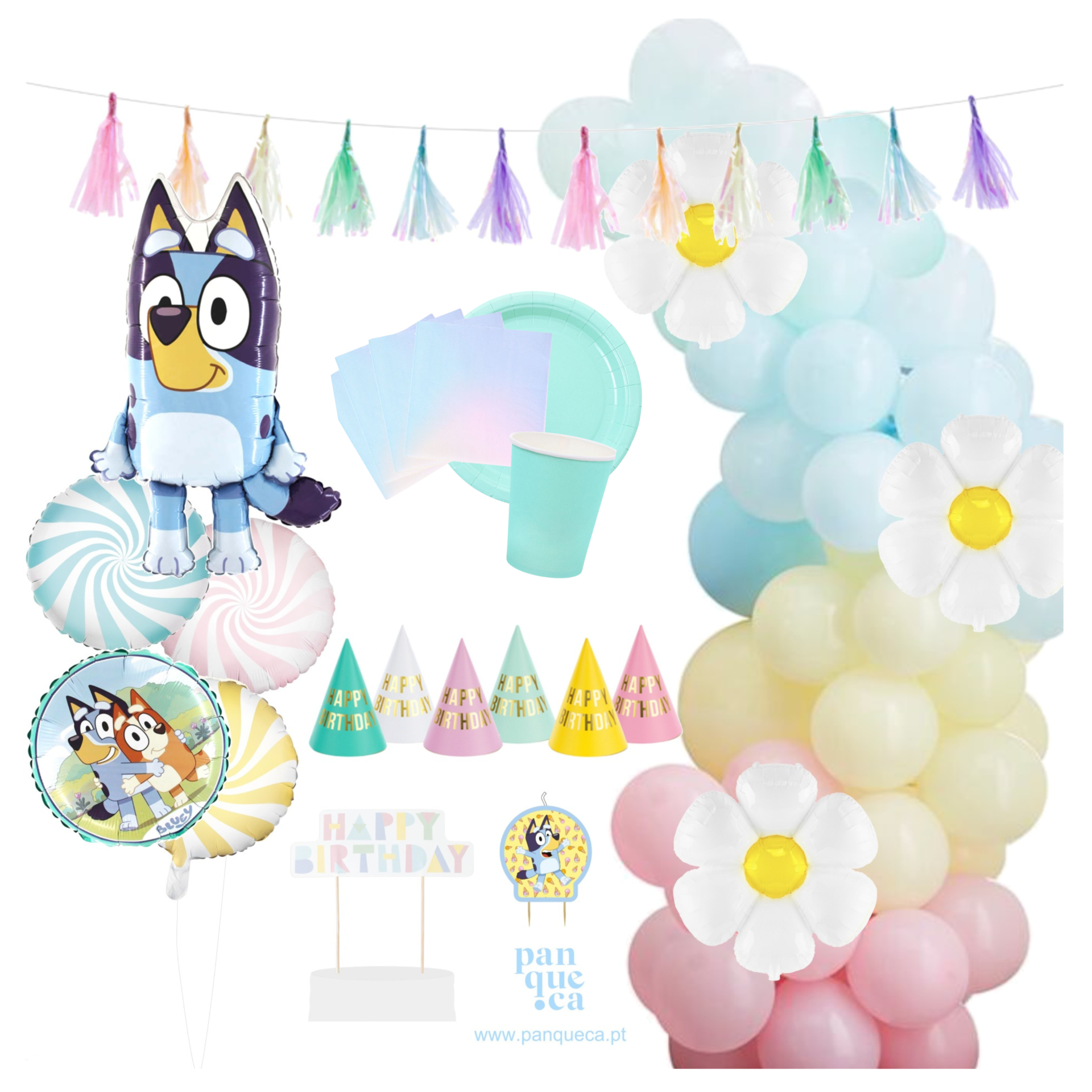 Conjunto decoração festa infantil com balões Bluey, chapéus HAPPY BIRTHDAY, pratos azuis, copos, guardanapos, guirlanda e arco de balões coloridos pastel