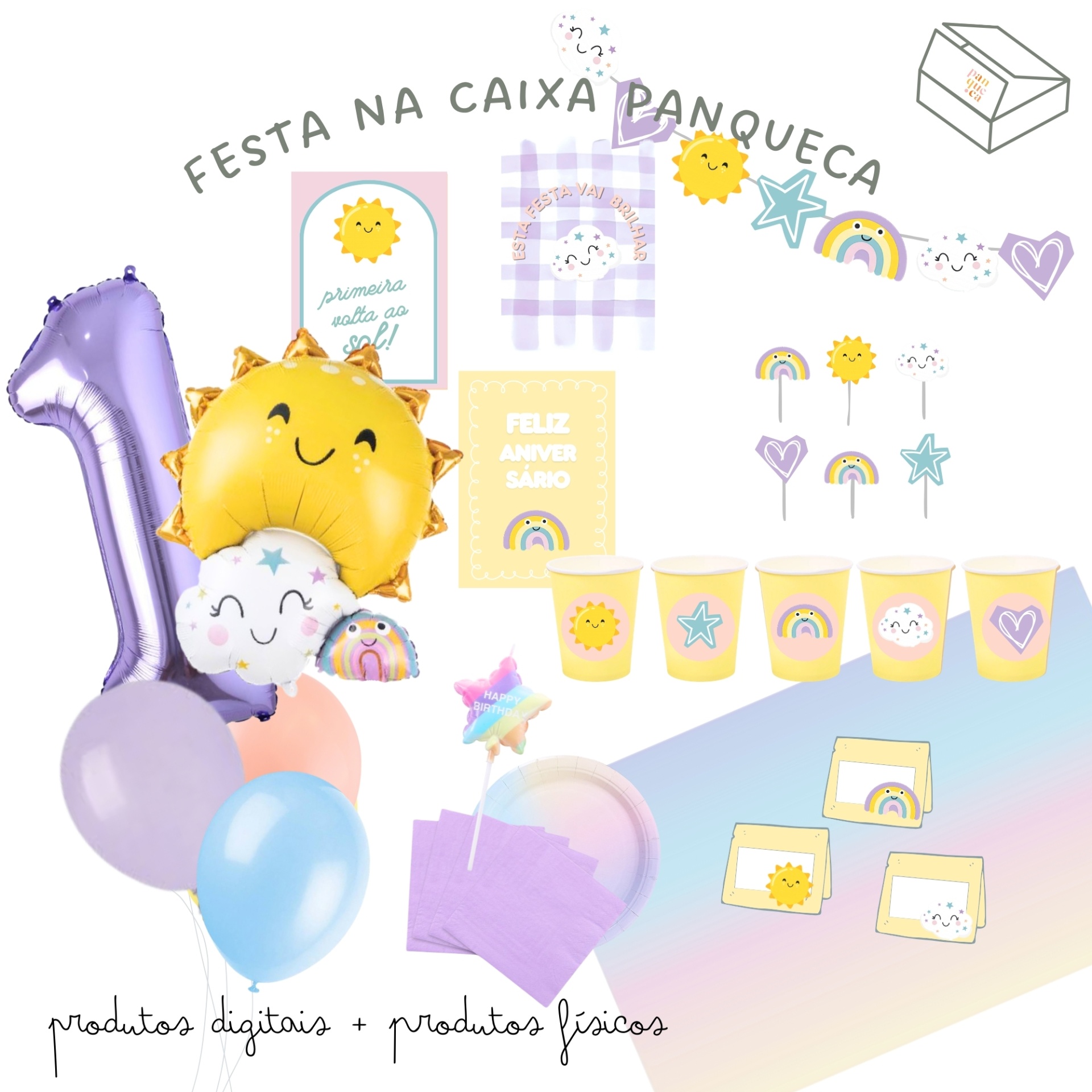 Kit de festa com balões, copos, guardanapos, pratos e cartões decorados com sol, nuvem, arco-íris e estrelas
