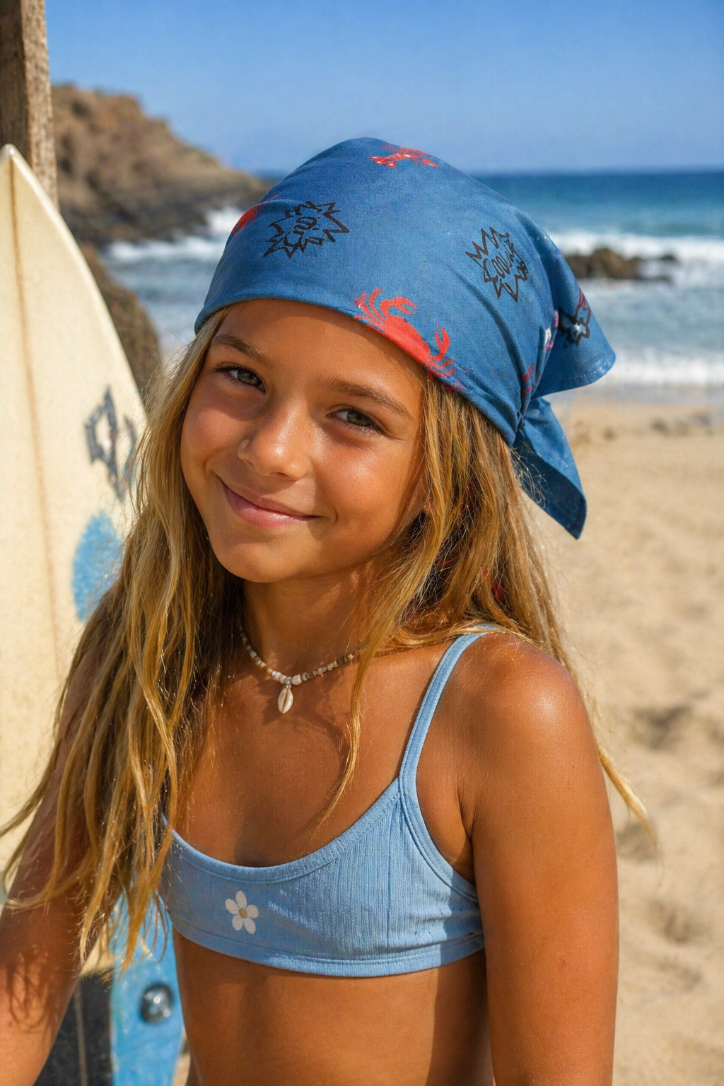 Menina com top de bikini azul claro e lenço azul com desenhos, em praia com prancha de surf ao fundo