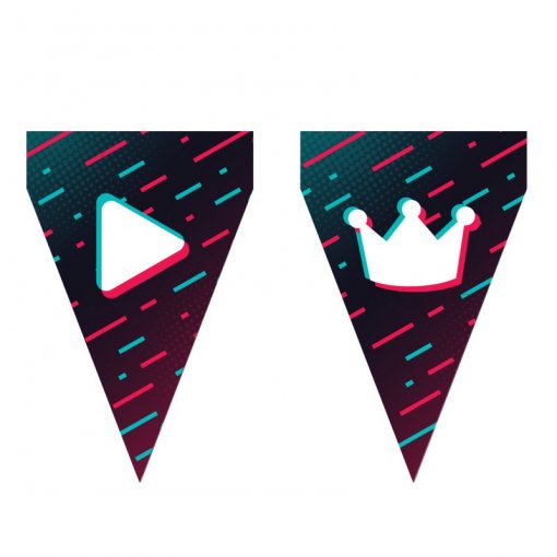 Pendentes triangulares com símbolos 'play' e coroa em papel colorido
