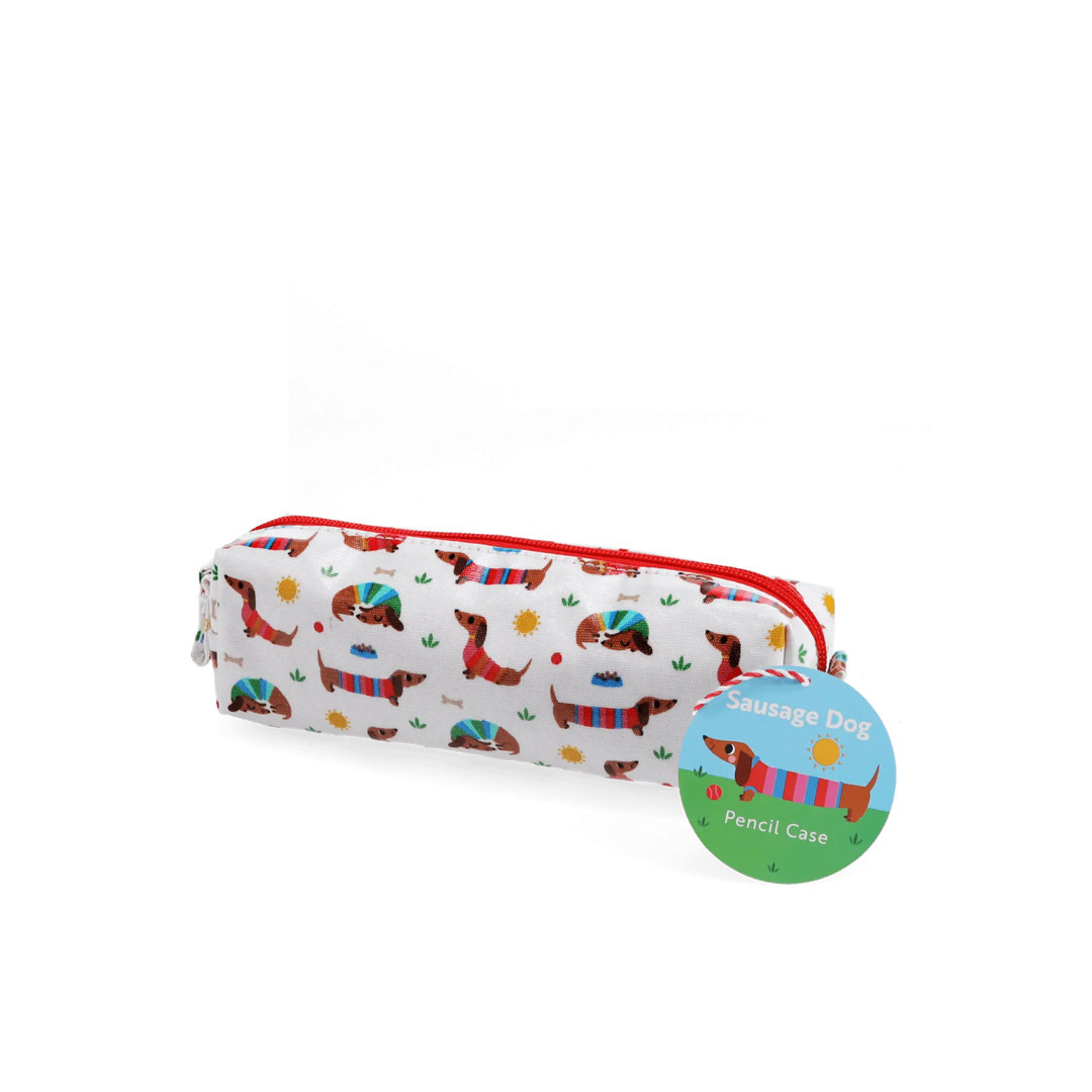 Estojo para lápis branco com padrão de cães Dachshund com camisolas coloridas e fecho vermelho