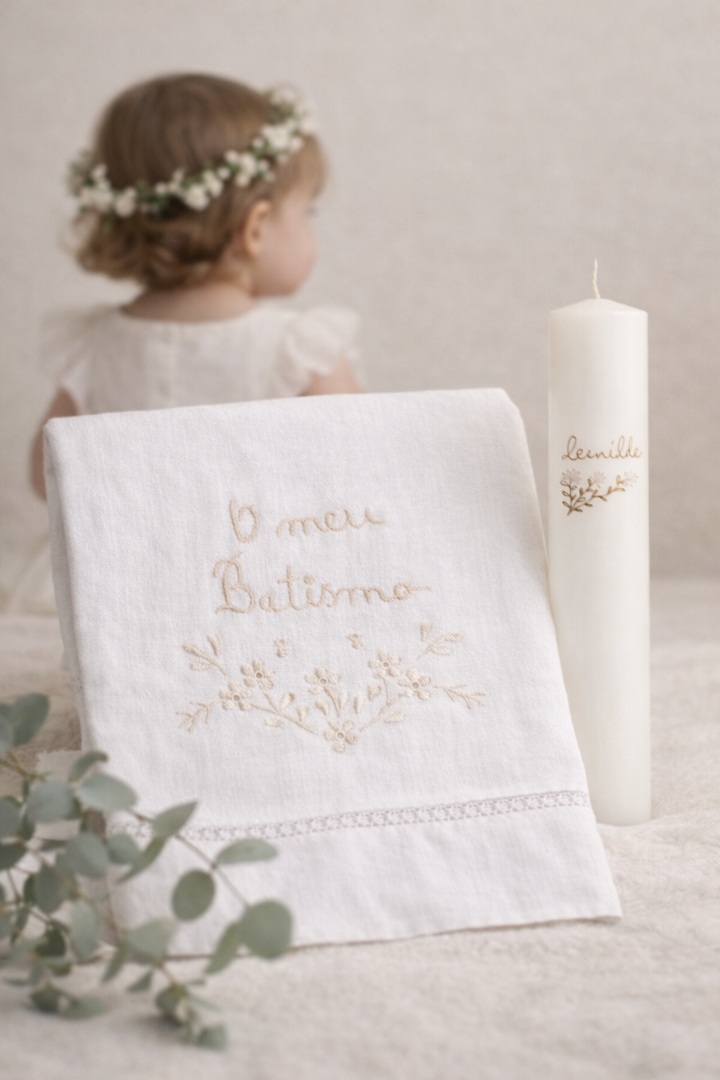 Toalha branca bordada para batismo com vela decorativa branca