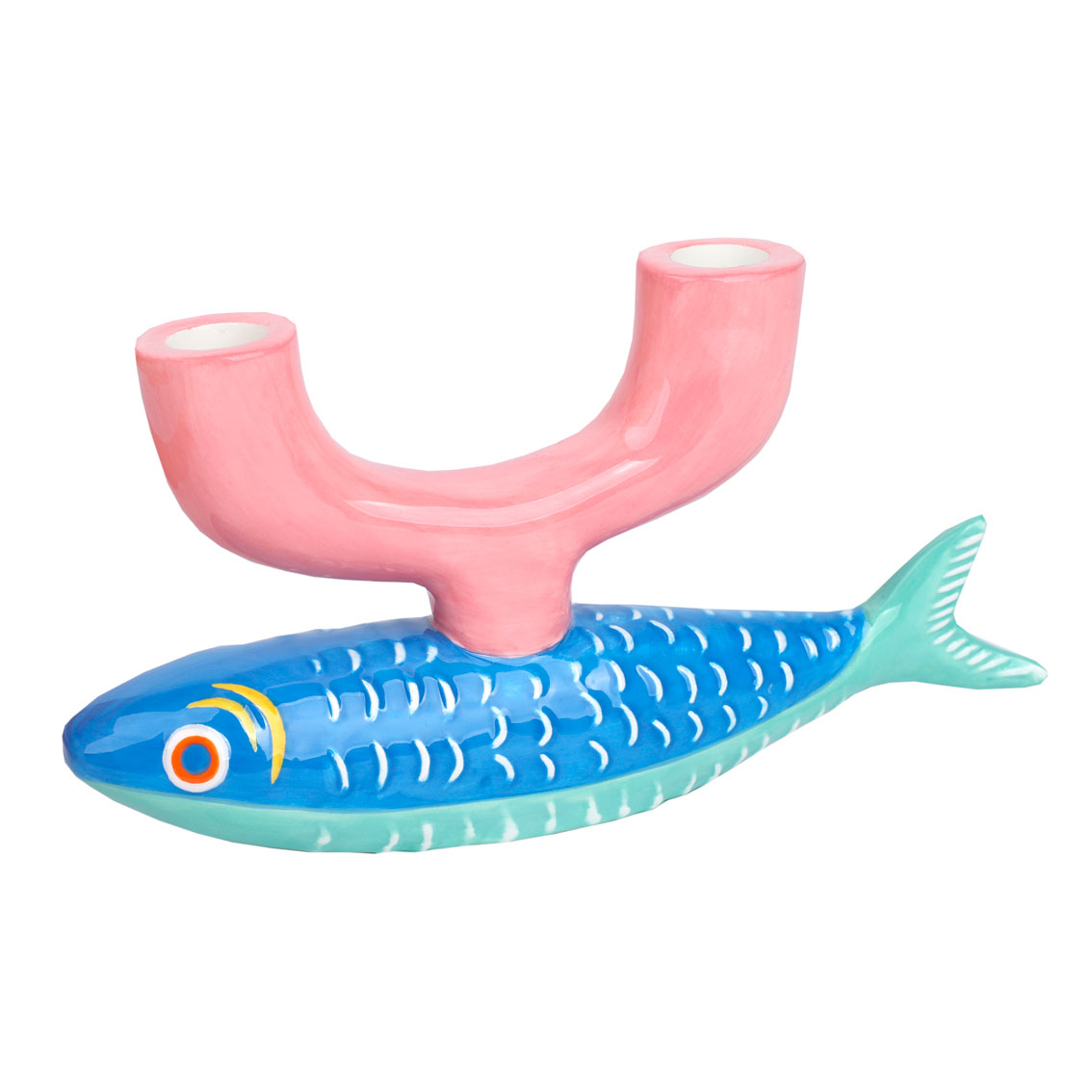 Castical cerâmico em forma de peixe azul com suporte rosa para duas velas