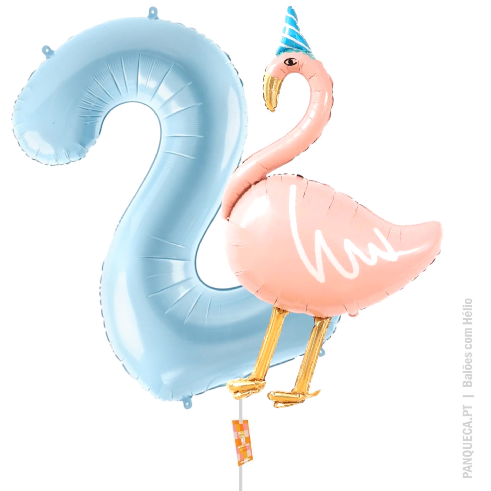 Balões número 2 azul claro e flamingo cor de rosa com chapéu