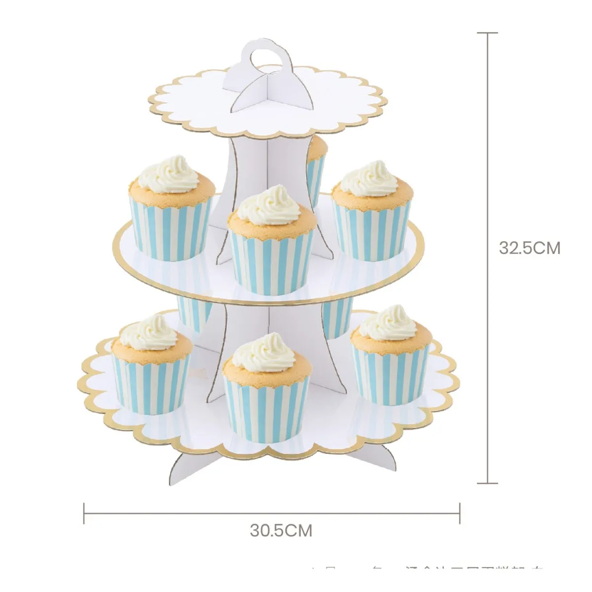 Suporte para bolos de dois andares com cupcakes azuis e brancos