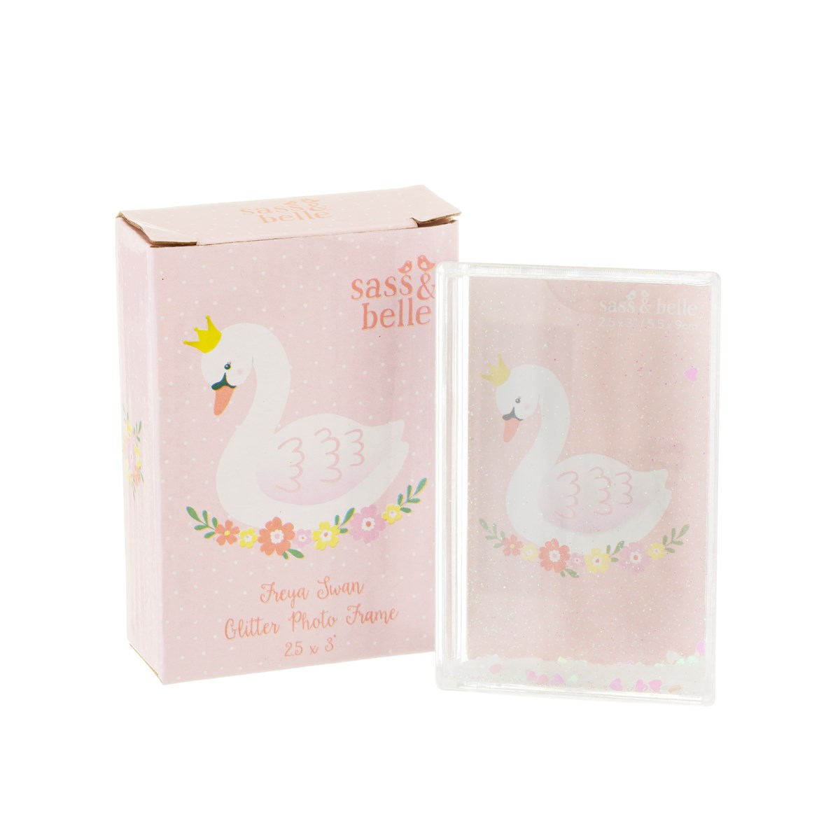 Moldura para foto Cheguei Cisne Glitter com cisne branco em fundo rosa