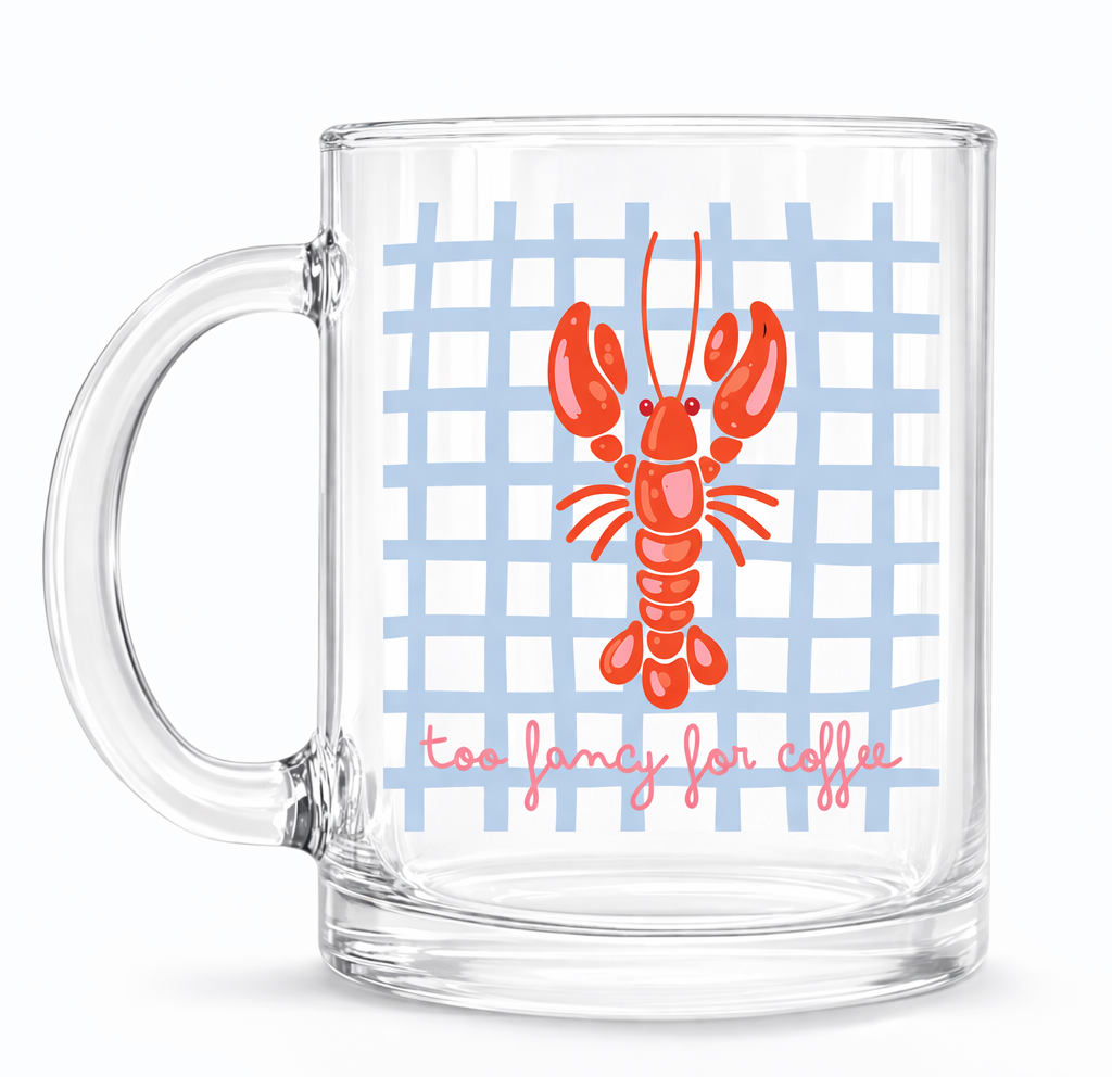 Caneca de vidro com decoração de lagostim vermelho e texto rosa