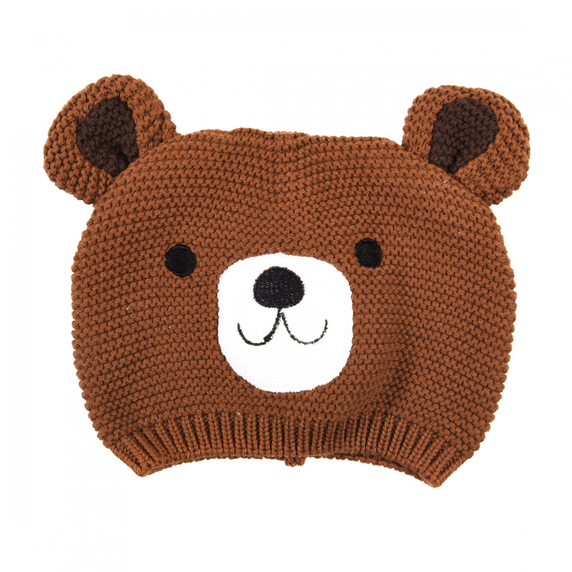 Gorro infantil castanho de malha com orelhas de urso e rosto bordado