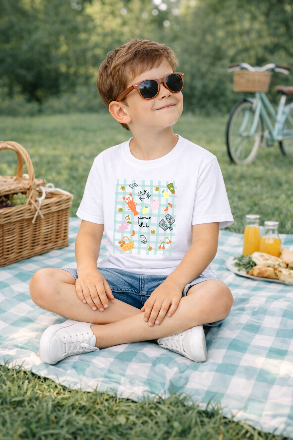 Menino com t-shirt branca estampada e óculos de sol sentado em toalha de picnic quadriculada azul e branca ao ar livre