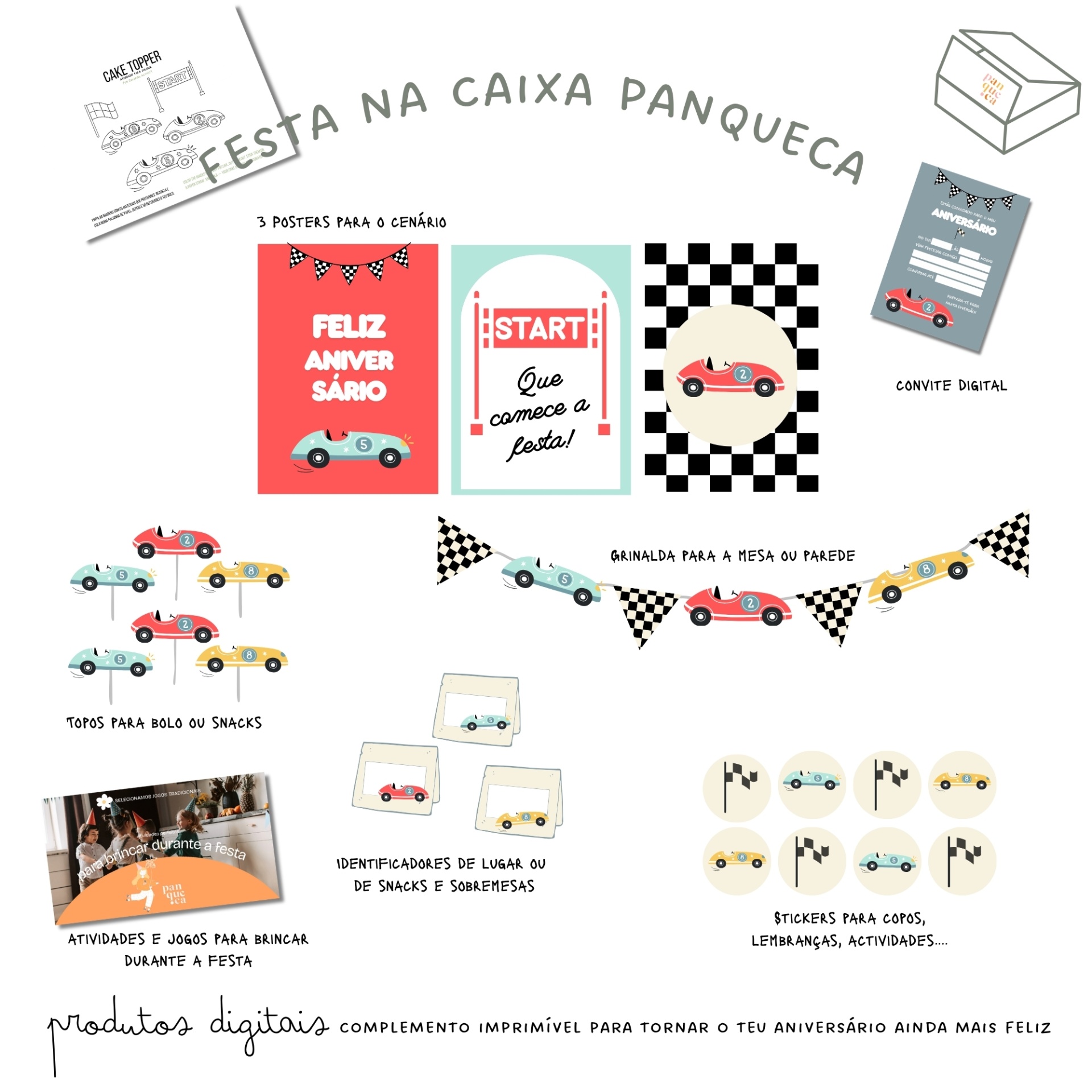 Kit digital festa tema carros de corrida com posters, convite, cake topper, toppers bolo, guirlanda, identificadores e stickers
