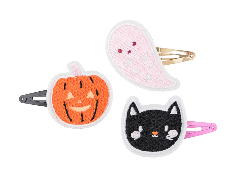 Ganchos para cabelo com designs de abóbora, fantasma e gato para Halloween.
