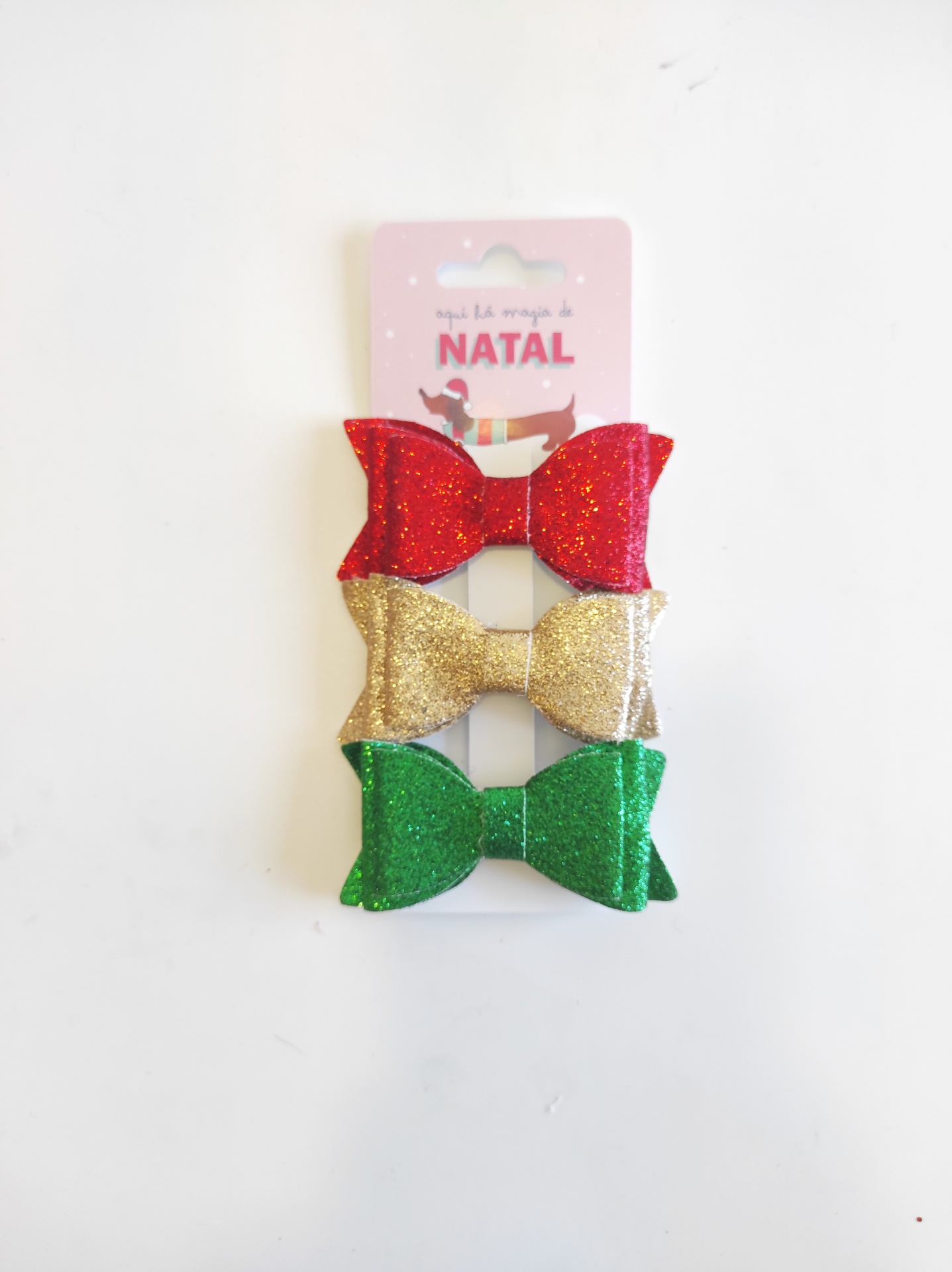 conjunto de três molas para cabelo com laço glitter vermelho dourado verde