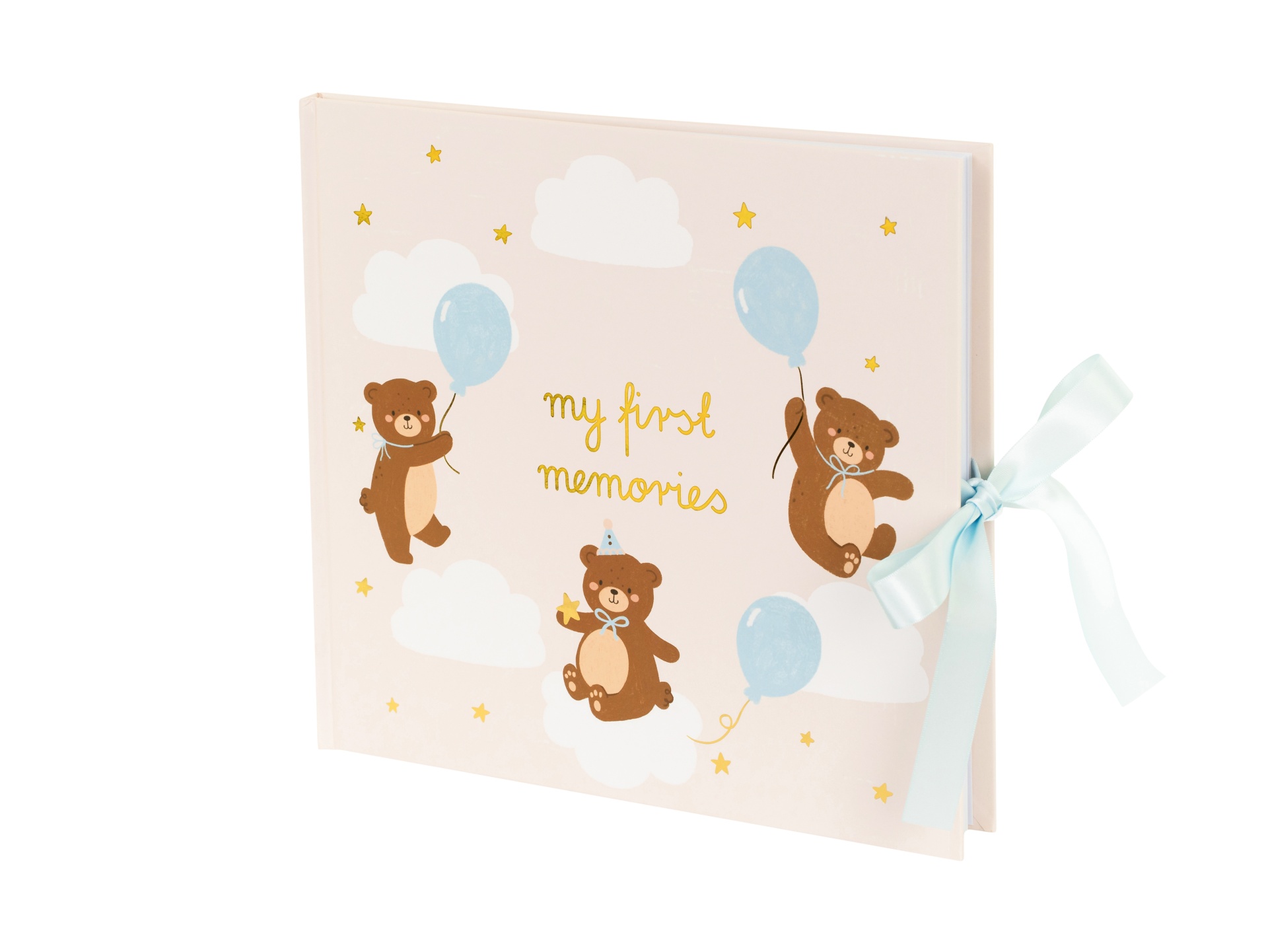 Álbum infantil rosa claro com ursinhos, balões azuis e fita azul para fechar.