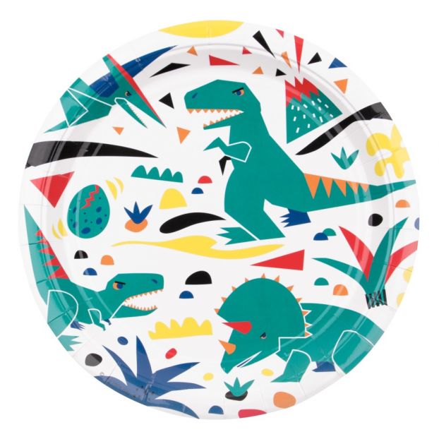 Prato de papel com ilustração colorida de dinossauros e plantas