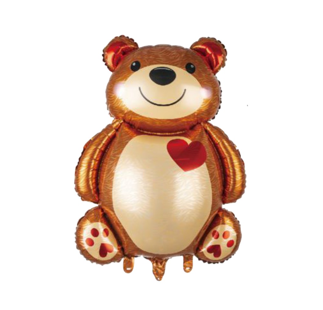 Balão metálico castanho em forma de urso com coração vermelho no peito