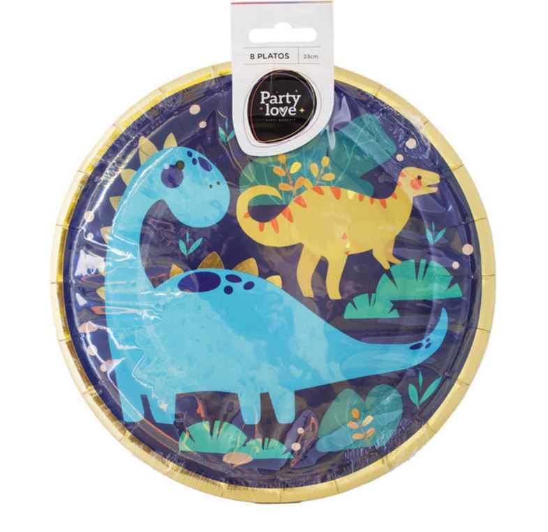 Conjunto de 8 pratos descartáveis com dinossauros coloridos em fundo azul escuro
