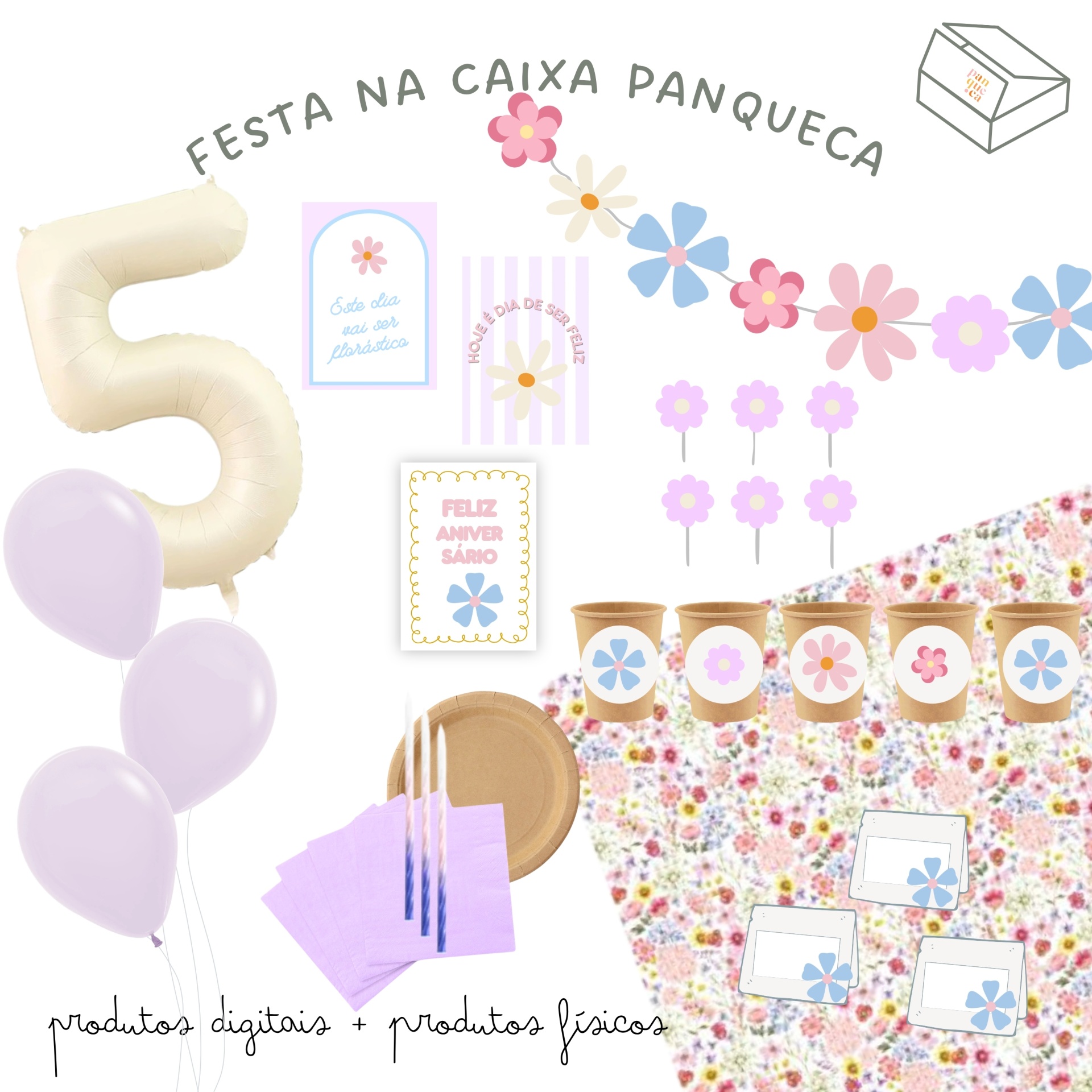 Artigos para festa com tema floral e cores lilás, creme e rosas