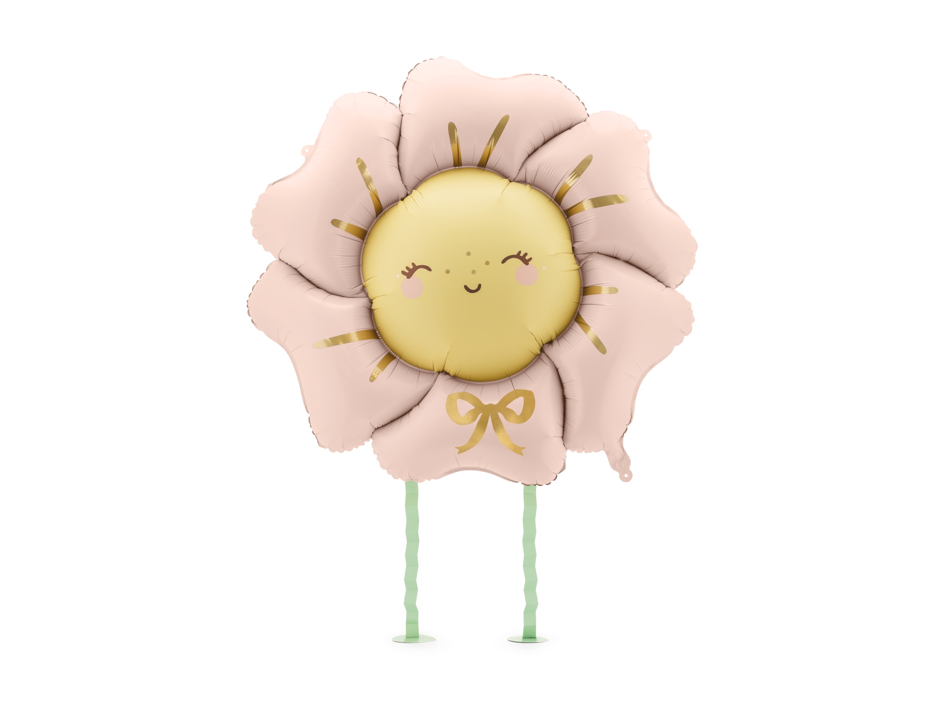 Balão metálico em forma de flor com rosto sorridente e pétalas cor de rosa